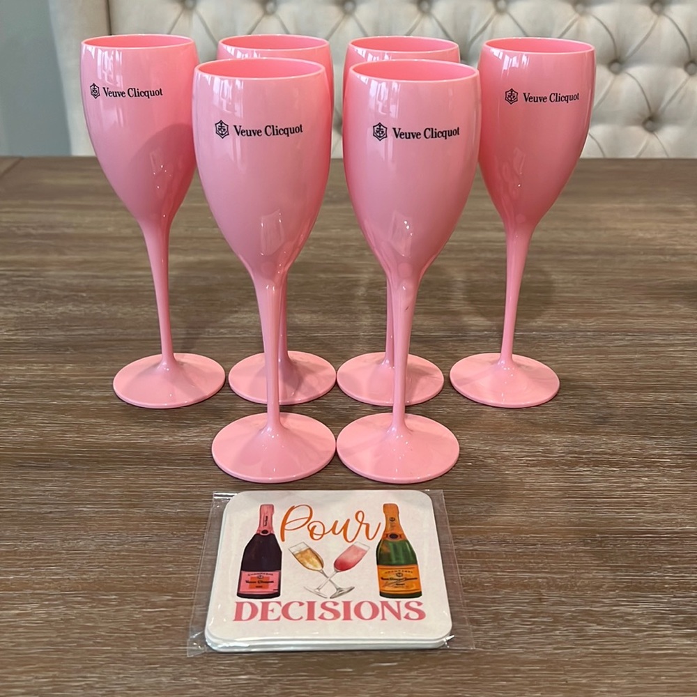 6 pink Veuve Clicquot champagne glasses with 4 custom coasters